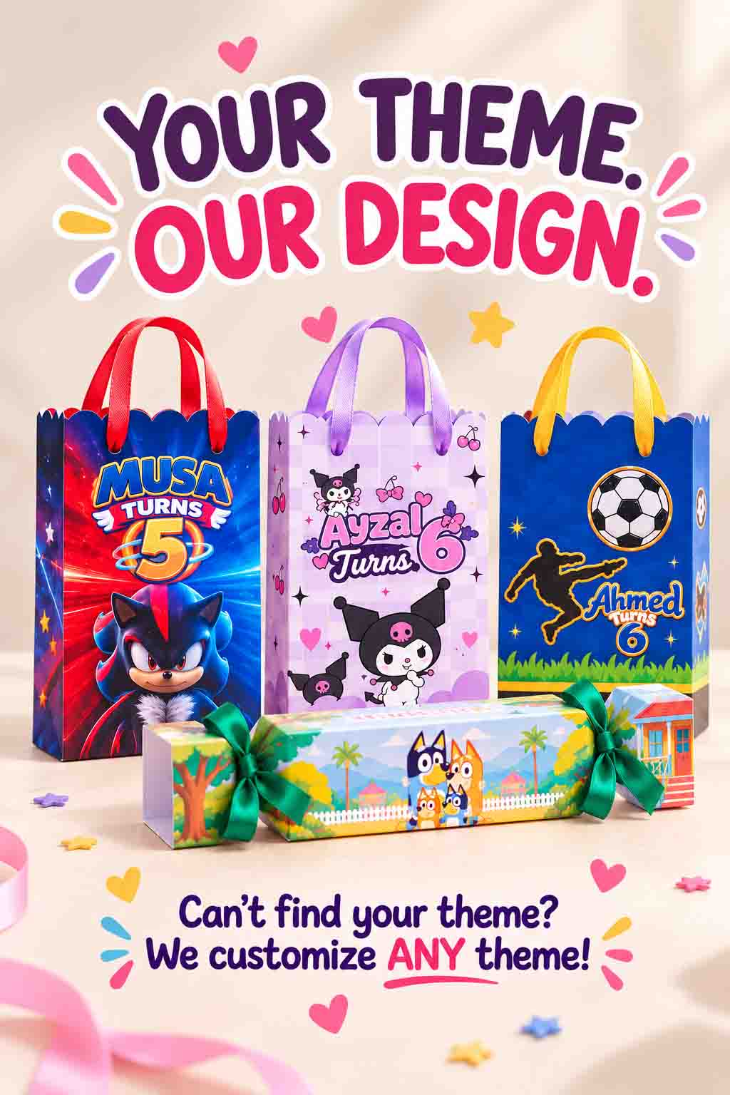 Personalized themed birthday party favor bags